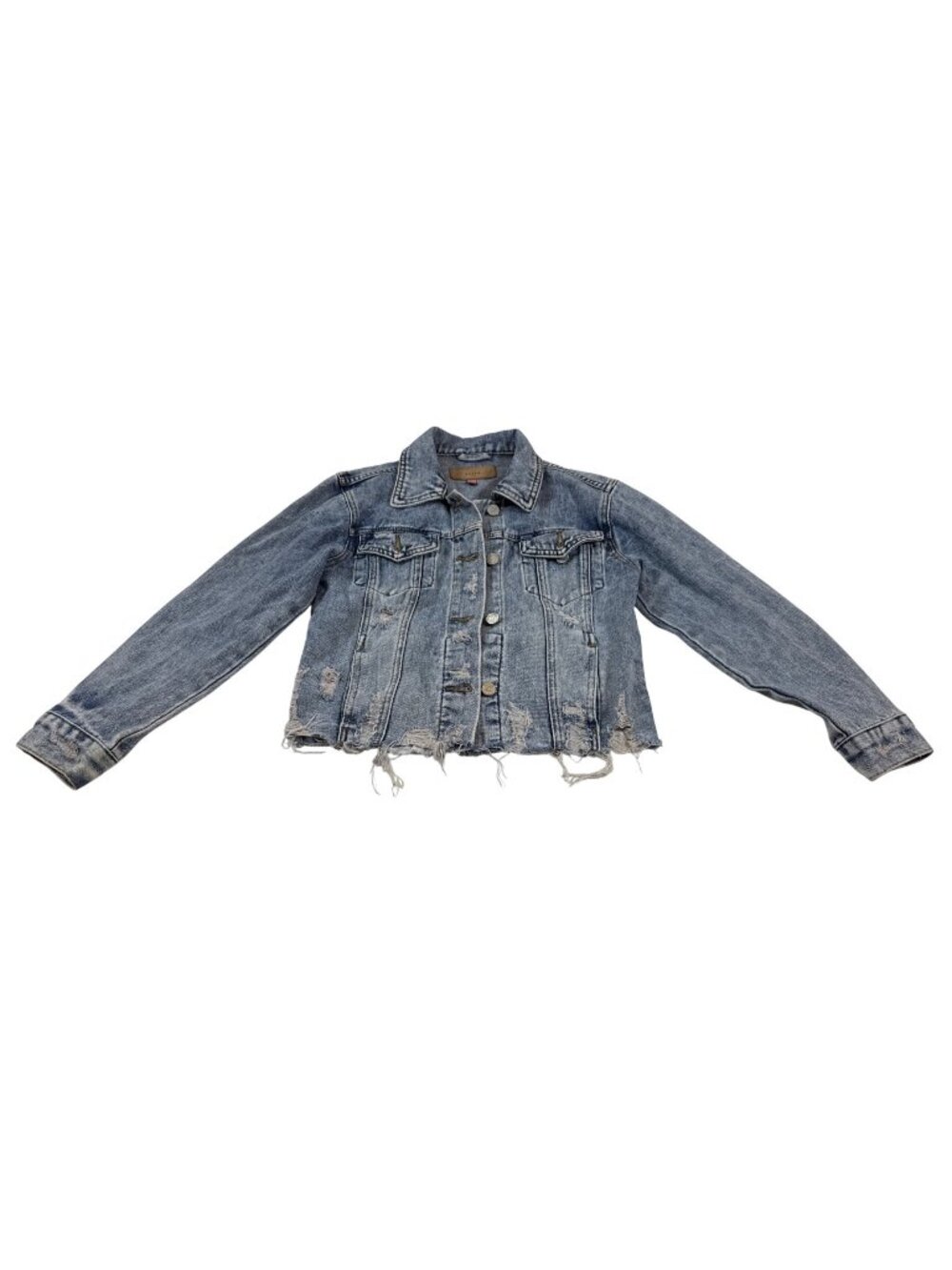 BlankNYC Distressed Denim Jacket Frayed Hem Light Wash Raw Edges Size L (MM668)